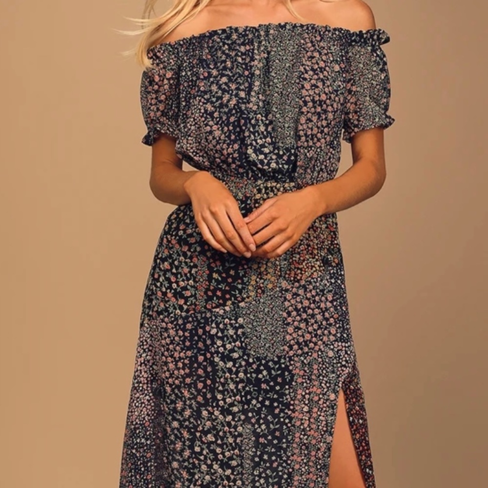 Lulu’s Navy Blue Floral Print Off-The-Shoulder Maxi, NWOT